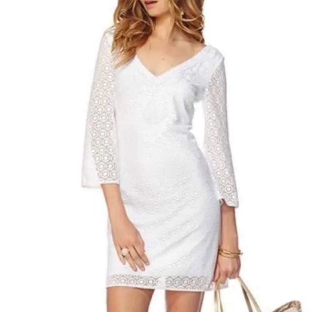 NWT Lilly Pultizer Alden Tunic Dress Women's  White Lace V Neck Geo Circle